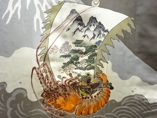 JAPANESE KIMONO / ANTIQUE MENS HAORI / SILK / DORO OSHIMA TSUMUGI / ISE LOBSTER & TREASURE BOAT(lining)